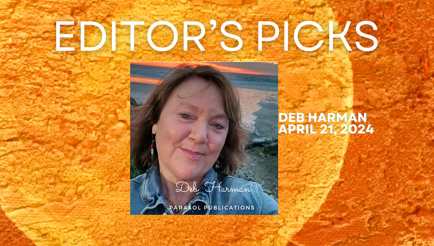 editor’s picks, with photo of Debra Harman, smiling with beach background on orange square