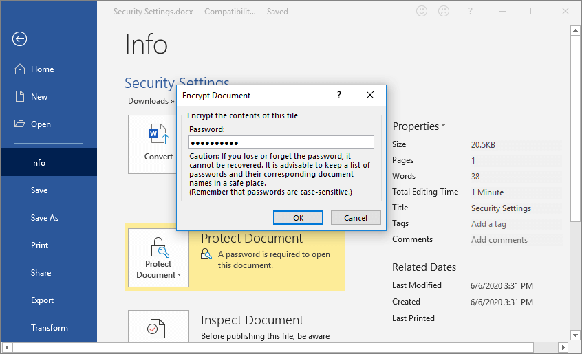 Encrypt Document dialog box