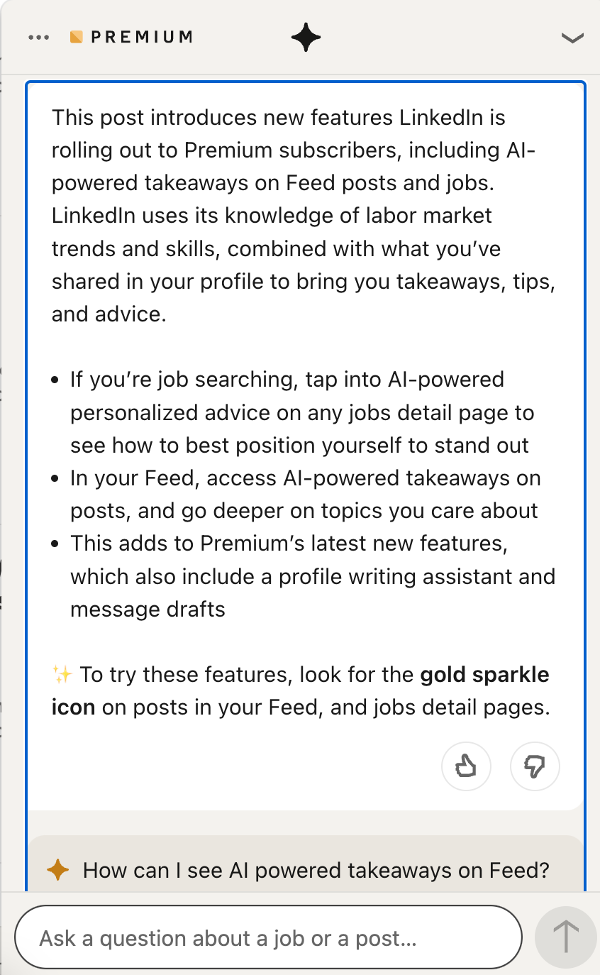 LinkedIn’s “Summarization” AI Feature Describing an Article about the feature