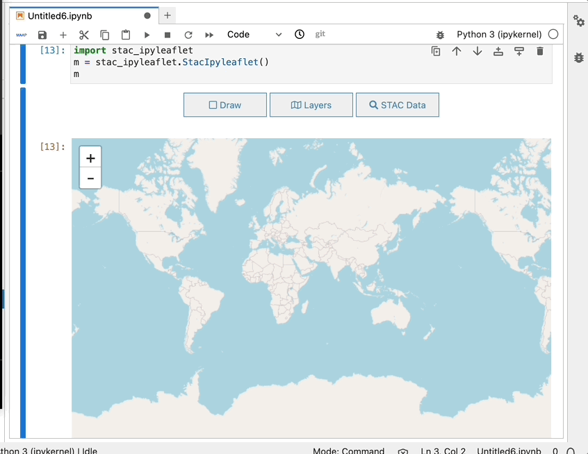 The layers widget includes some starter/default data layers that you can instantly view on the map and make adjustments to the opacity and basemap. The STAC data widget is showing how you can add more custom data and see it displayed on the map.