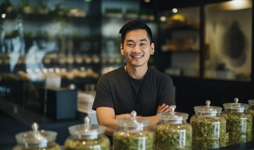 A smiling man in a black shirt behind the counter at a dispensary with jars of cannabis.