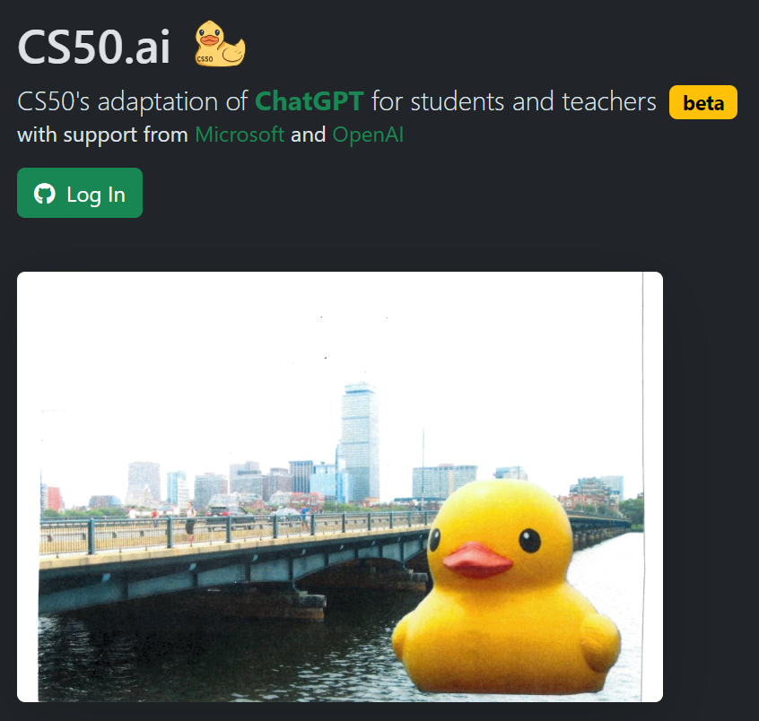 Cs50.ai website landing page. It has the log in green button and a photo of a rubber duck with a city that has a bridge and a river ,as a background.