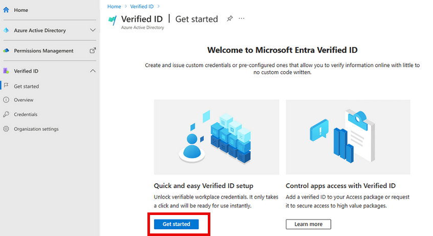 Image of Verified ID home screen with “Get started” button