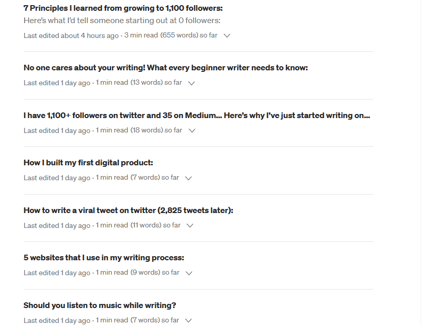 My recent Medium article ideas that were part of my 30-minute content idea generation process.