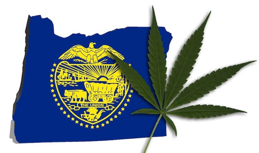Torn Oregon flag with a marijuana leaf.