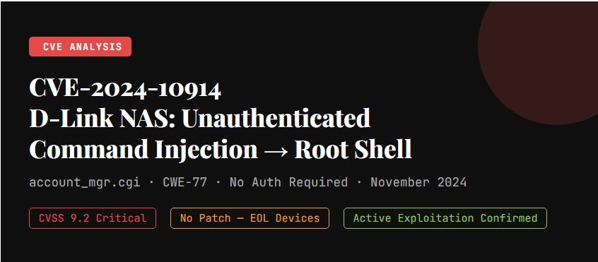 CVE-2024–10914
D-Link NAS: Unauthenticated
Command Injection → Root Shell