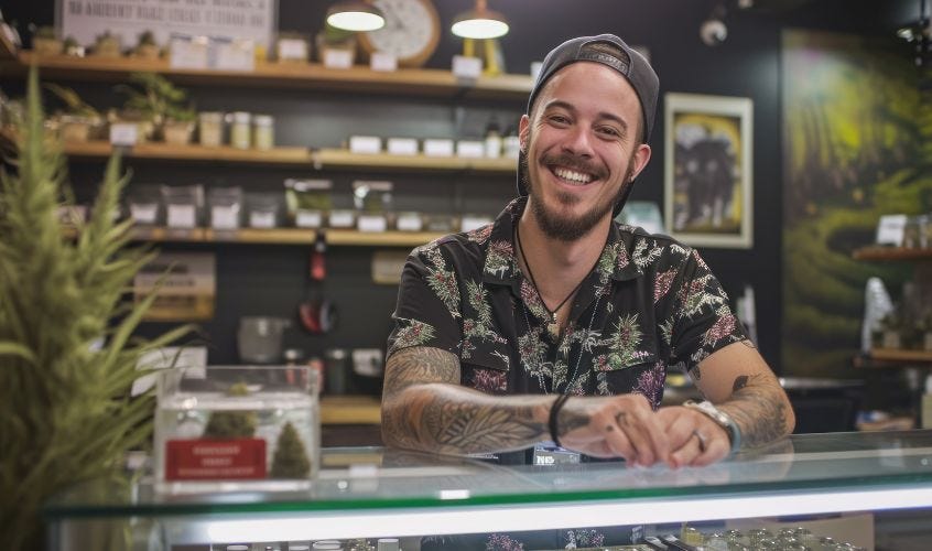 Happy cannabis shop budtender
