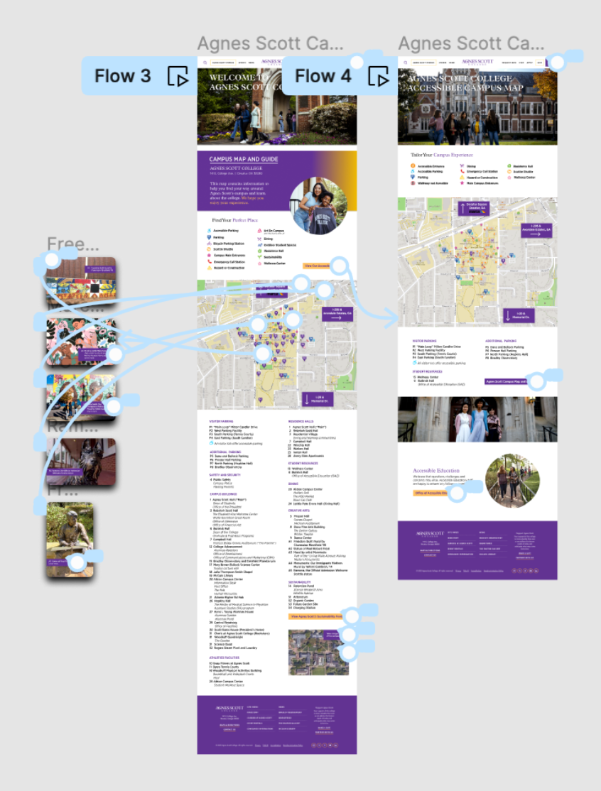 An image of the design of the prototype in Figma including the general campus map and the accessible campus map for Agnes Scott College.