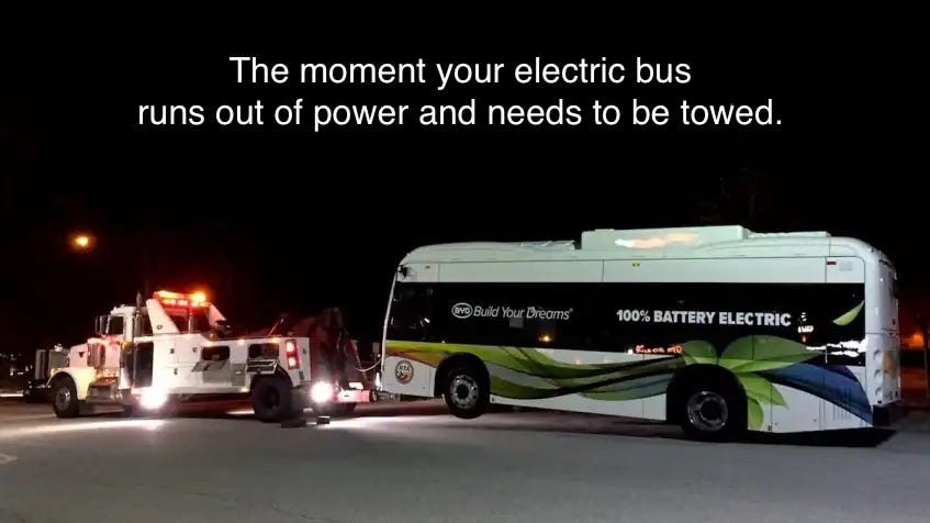 Meme of an electric bus running out of power and needing to be towed by an ICE tow truck.