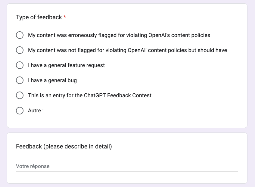 Feedback form with multiple-choice options for users to report content issues or requests related to ChatGPT. Options include reporting content erroneously flagged, content not flagged but should have been, general feature requests, bugs, feedback contest entry, and other comments. A detailed feedback text box is provided for elaboration.
