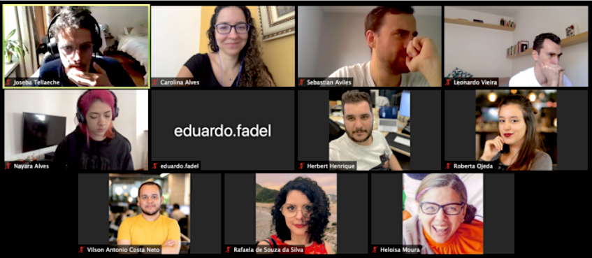 A group of people with their webcam images and avatars within a virtual meeting app