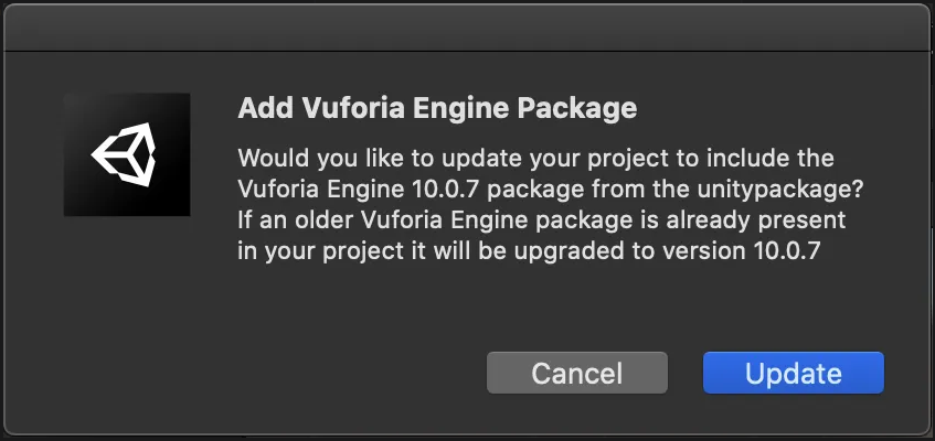Add Vuforia Engine Package Pop Up Update