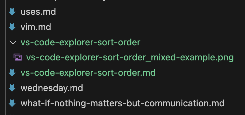 vs code explorer sort order example, code on black background