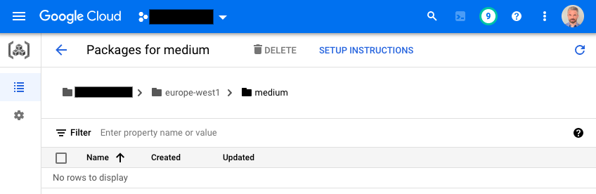Google Cloud Console showing the UI for Artifact Registry, which has a button labeled “Setup Instructions”.
