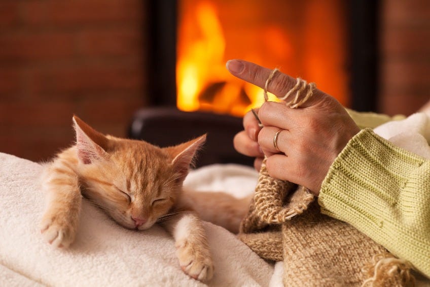 a woman slowing down by knitting with a small kitty resting on her lap in front of a fire place