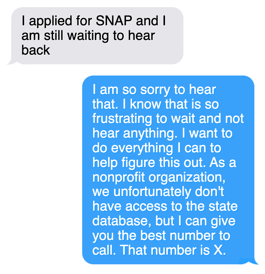 User message: “I applied for SNAP weeks ago, and I am waiting to hear back” Support response: “I am so sorry to hear that. I know that is so frustrating to wait and not hear anything. I want to do everything I can to help figure this out. As a nonprofit organization, we unfortunately don’t have access to the state database, but I can give you the best number to call. That number is X.”