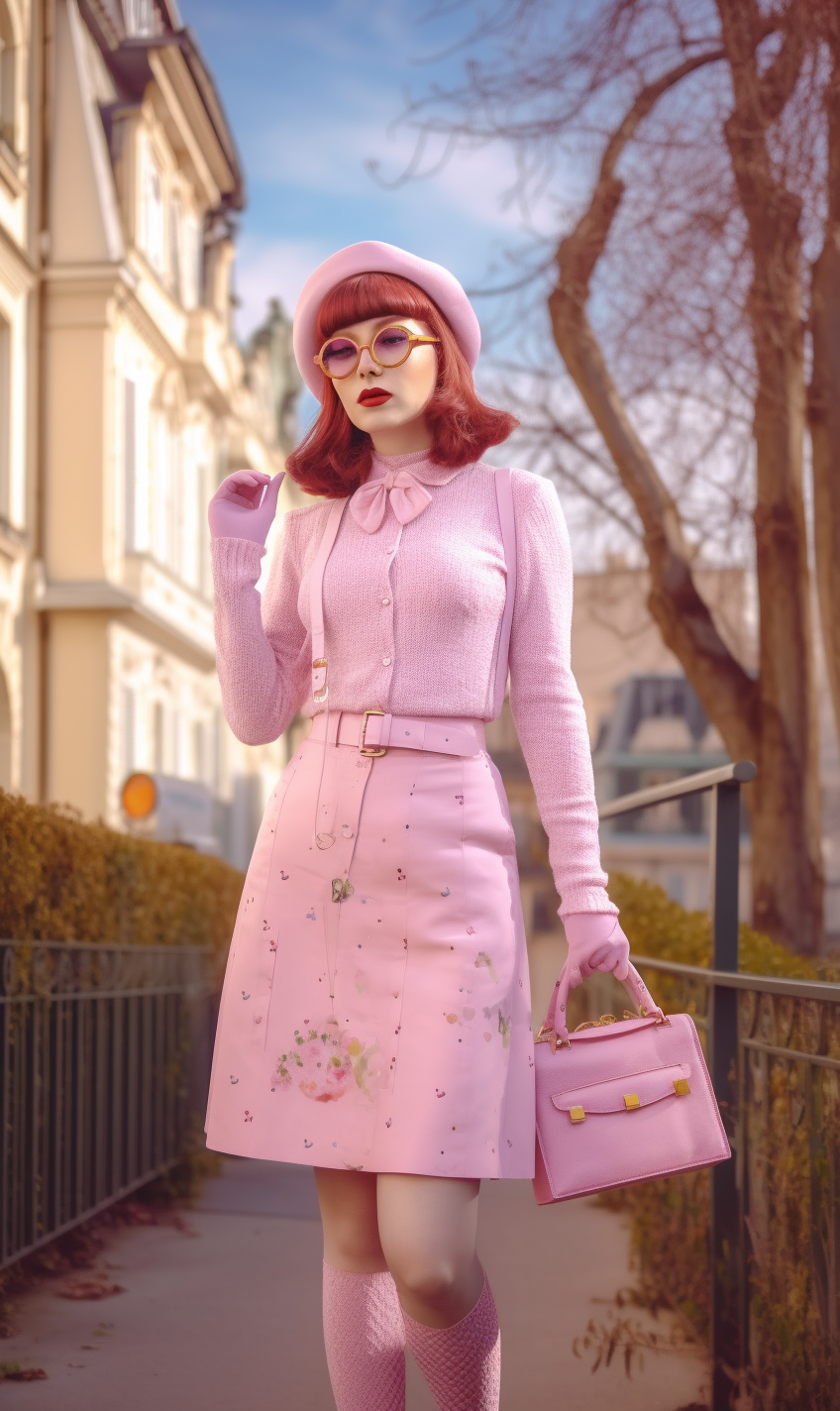 Woman in a bright pink outfit walking the streets of London, wearing sunglasses and a pink beret, gloves, socks, and purse, with a bright red bob, reminiscent of the Marvelous Mrs. Maisel. Created using Midjourney.
