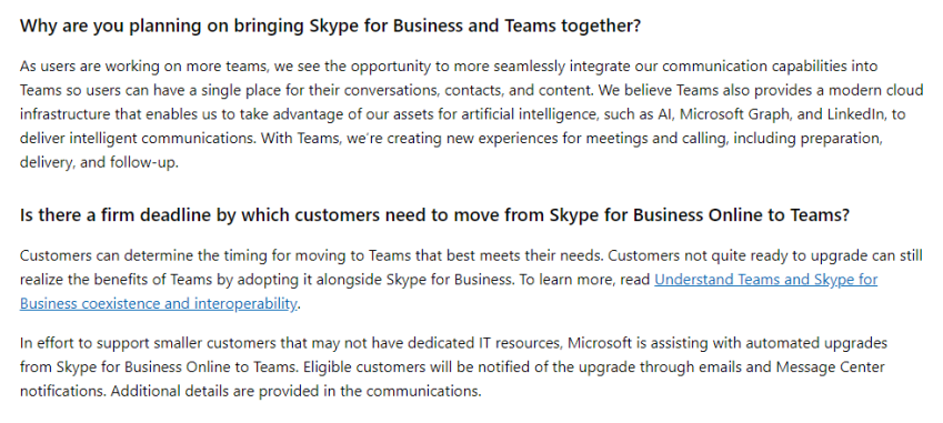 Microsoft Teams FAQ information about Microsoft Teams upgrade