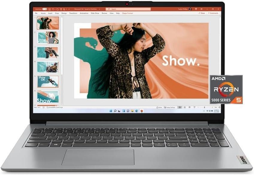 Lenovo IdeaPad 1 Laptop, 15.6” FHD Display, AMD Ryzen 5 5500U, 8GB RAM, 512GB SSD, Windows 11 Home, 720p Camera w/Privacy Shutter, Smart Noise Cancelling, Cloud Grey