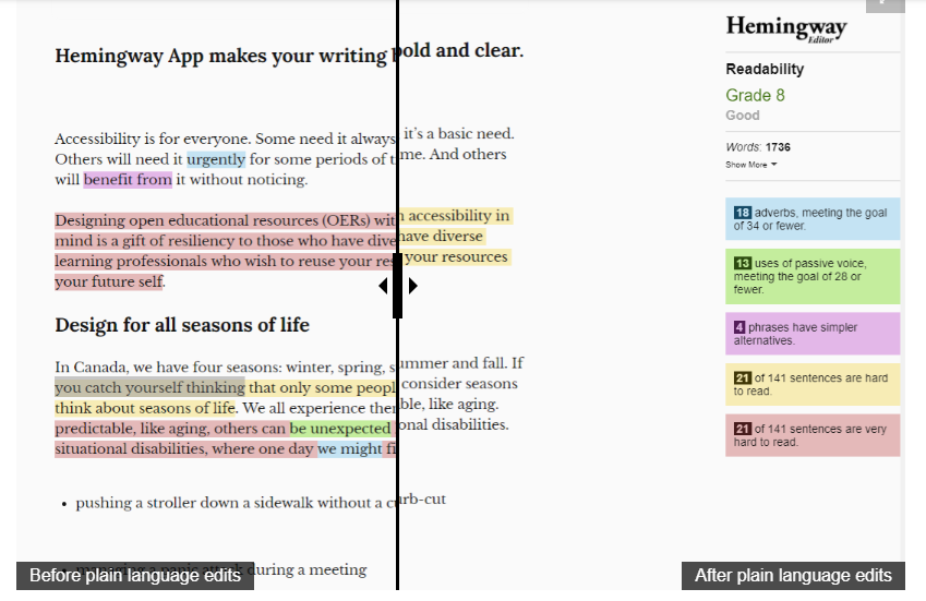 Screenshot from Hemingway app showing Before and After of plain language edits.