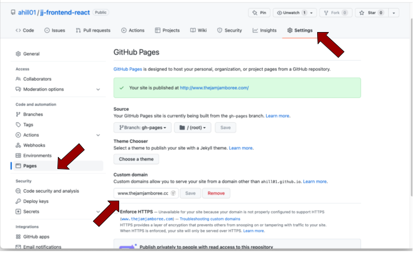 an image demonstrating where to connect a custom domain to your github page by navigating to settings > pages > custom domain