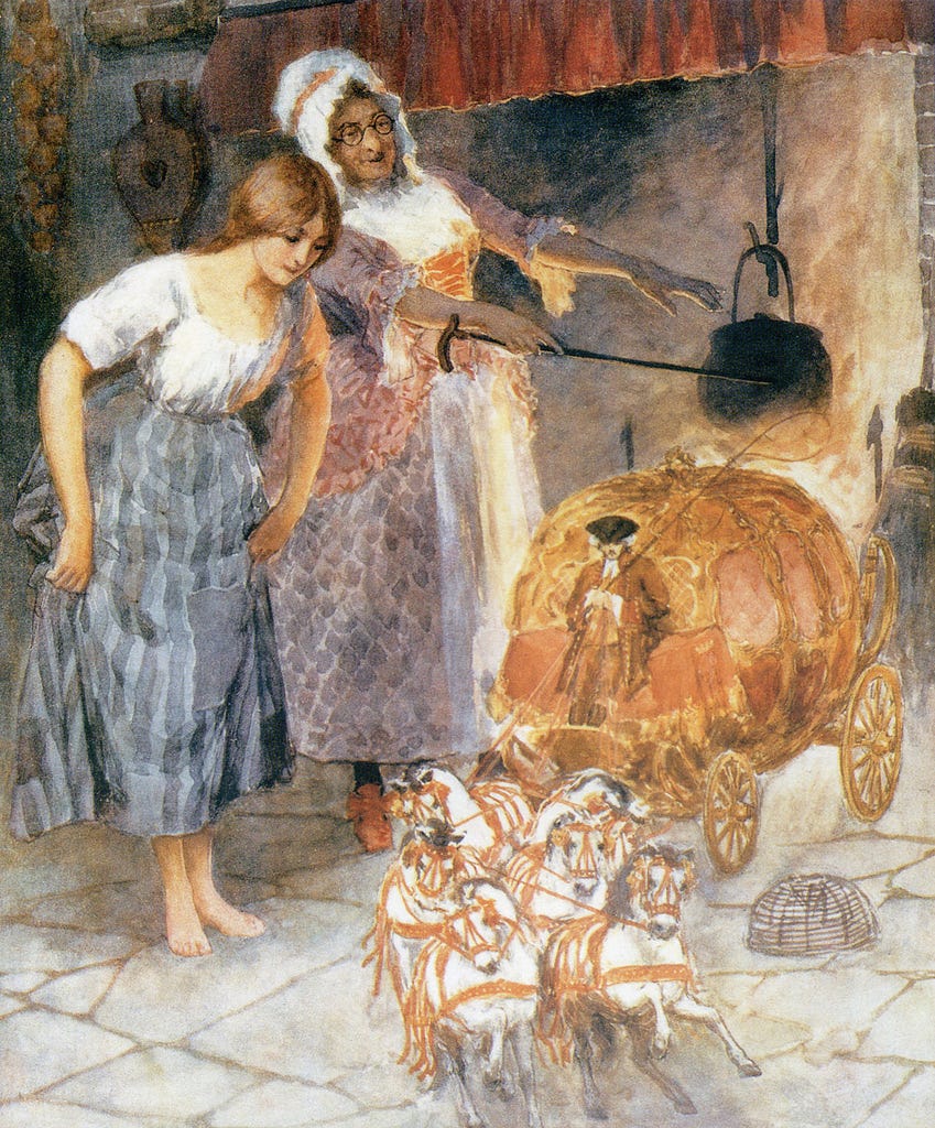 An illustration of Cinderella and the Fairy Godmother standing by the hearth, and the Fairy Godmother is transforming a pumpkin into a carriage.