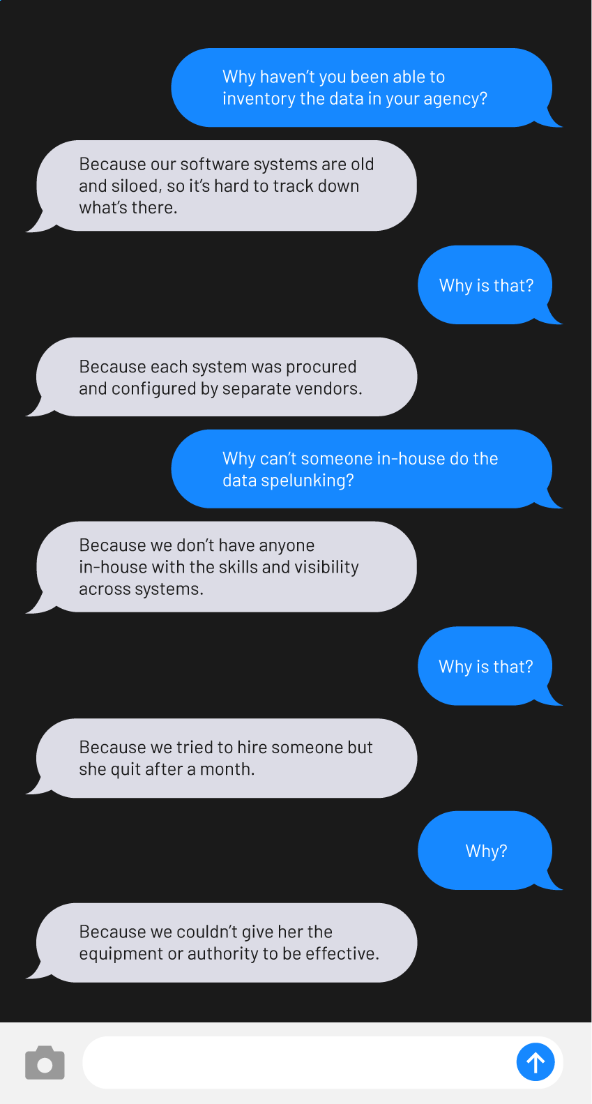 A text exchange highlighting the value of asking “why?”