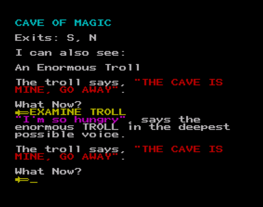 An image of the ZX Spectrum port of THE CAVE OF MAGIC (ported from Adventuron to PAW source code via tooling)