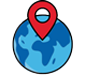 A blue globe icon with a red location pin attached to the top.