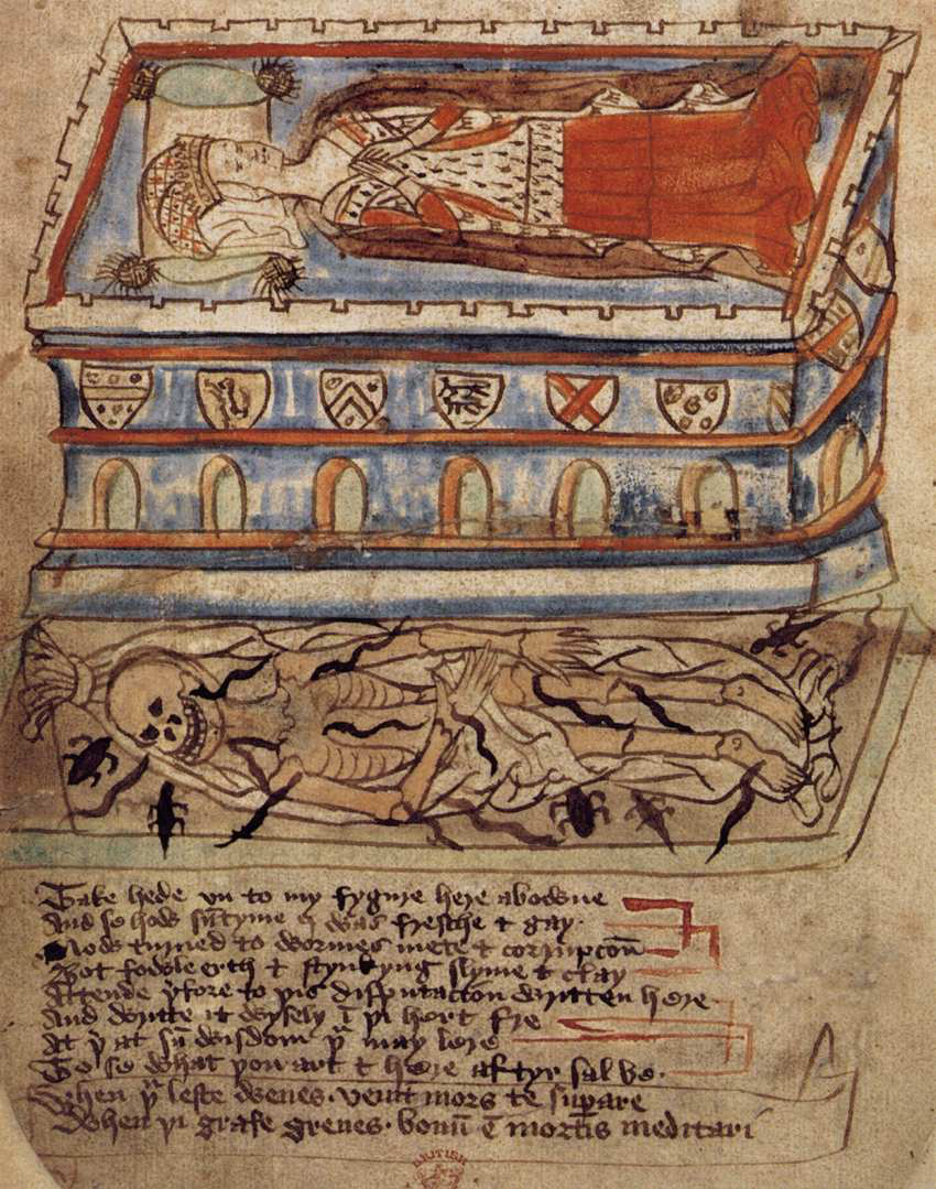 Manuscript illustration of a transi or cadaver tomb. A regal woman lies in the upper half of a tomb decorated with heraldic insignia, the bottom half depicts a corpse in a shroud being consumed by worms and insects.
