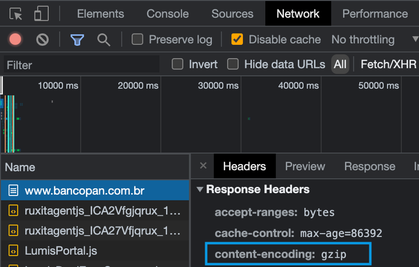 imagem mostrando a compressão gzip sendo utilizada