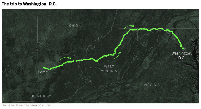 Ruta de un manifestante desde su casa a Washington, gracias al tracking de la posición de su dispositivo móvil.