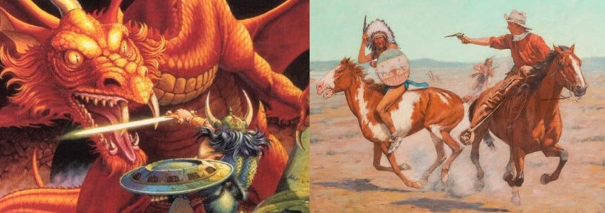 Side-by-side images of a warrior fighting a dragon and a cowboy fighting an Indian