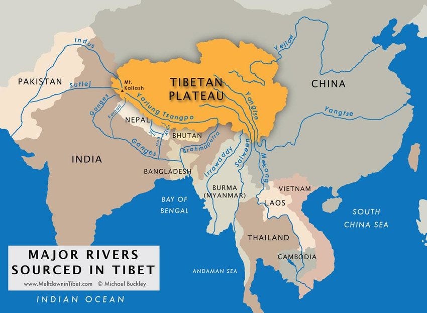 The Tibetan Plateau lies between India and China, and is the major source of freshwater that feeds the perennial rivers that have sustained both the Indic and the Sinic civilisations.
