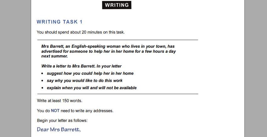 An example of an IELTS General Training Writing Task 1 question from the Cambridge IELTS Practice Book 16