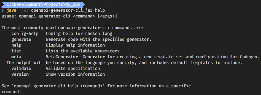 Output of the generator’s help command