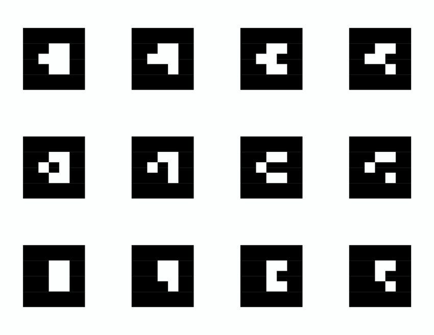 12 exemplos de targets fiduciais. Cada um é formado por diferentes conjuntos de quadrados pretros e brancos.
