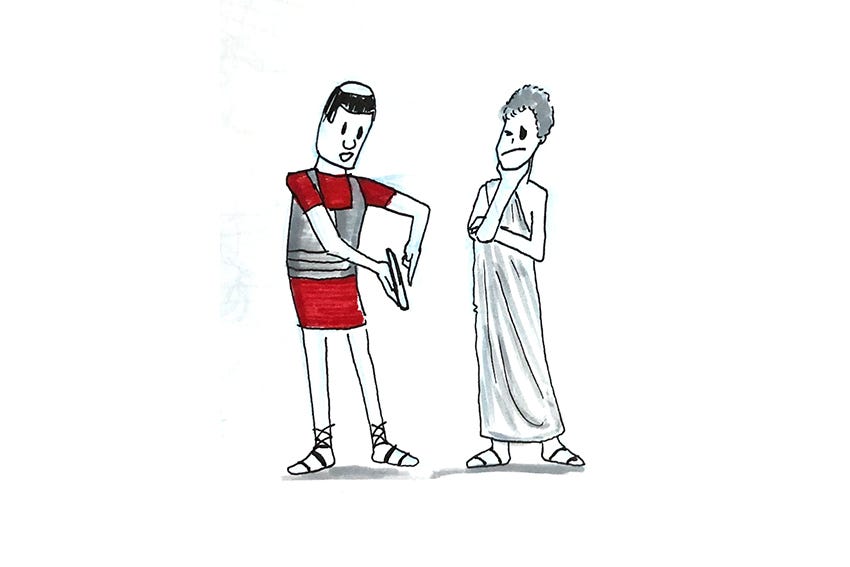 César mostrando um app para outro personagem. O outro personagem com roupa casual romana com dúvida.