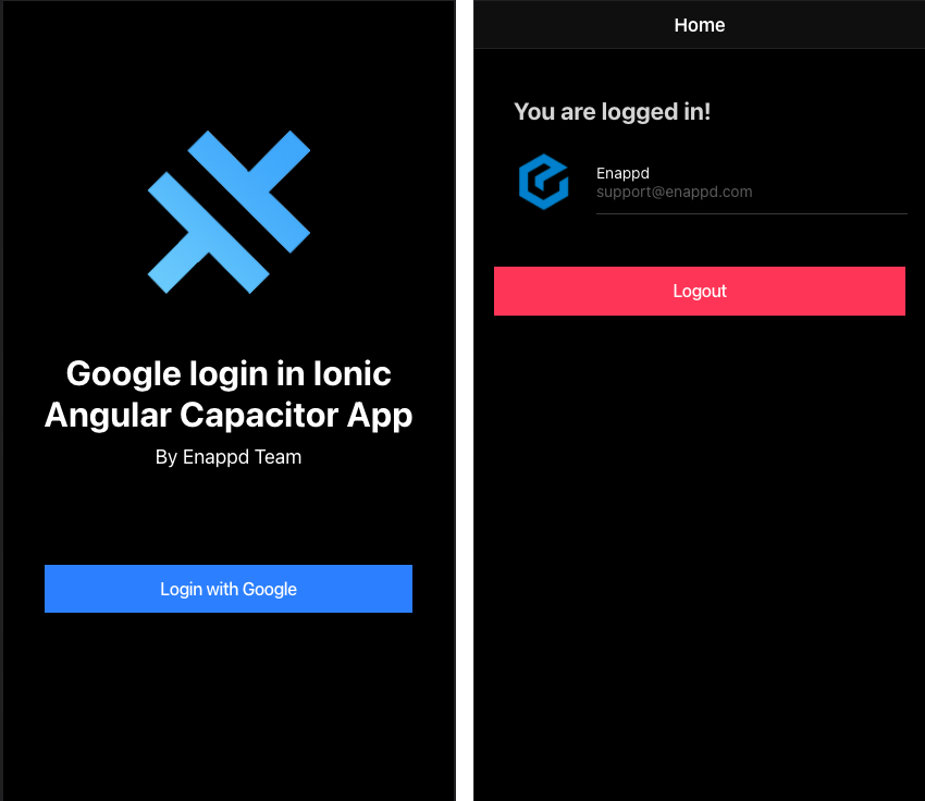 Login and Home page for Ionic Angular Capacitor Google Login demo app