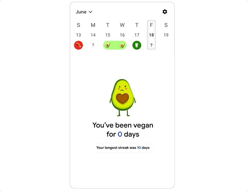 A gif of another alternate version of Shitty Vegan. The user taps the month which expands and hides a full month view.