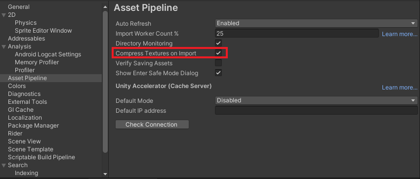 The compress textures on import setting in Preferences/Asset Pipeline