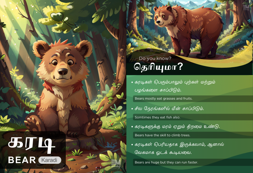 Learn Animals with Tamil names and English names. Animals' names with Tamil and English translations. Basic facts and poster of Tamil Animals names. Here an example of a Bear with some basic facts in Tamil is provided.