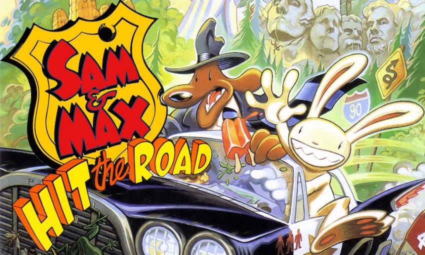 Sam and Max Hit the Road promo image, shows the two characters and some of the background elements of the game.