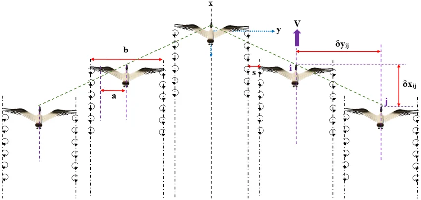How structured positioning with aerodynamic draft dynamics reduces drag for trailing team members while preserving total formation endurance (image source: Mirzaeinia)