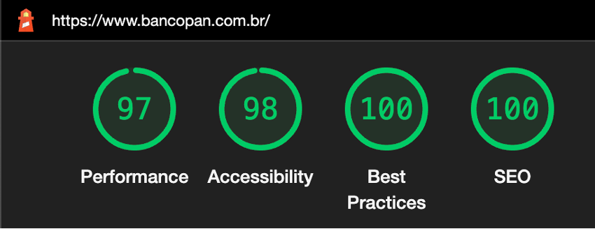 imagem mostrando os resultados do Lighthouse no desktop no primeiro trimestre de 2022, sendo performance 97, acessibilidade 98, boas práticas 100 e SEO 100