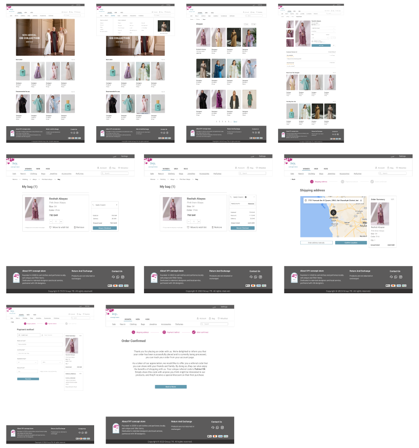 Nine high fidelity wireframes that showcase the final design of the website and the pages the user would go through in order to purchase an Abaya