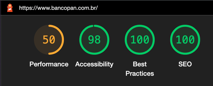 imagem mostrando os resultados do Lighthouse no mobile no primeiro trimestre de 2022, sendo performance 50, acessibilidade 98, boas práticas 100 e SEO 100