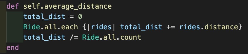 a clunky solution to a method that finds the average length of all rides