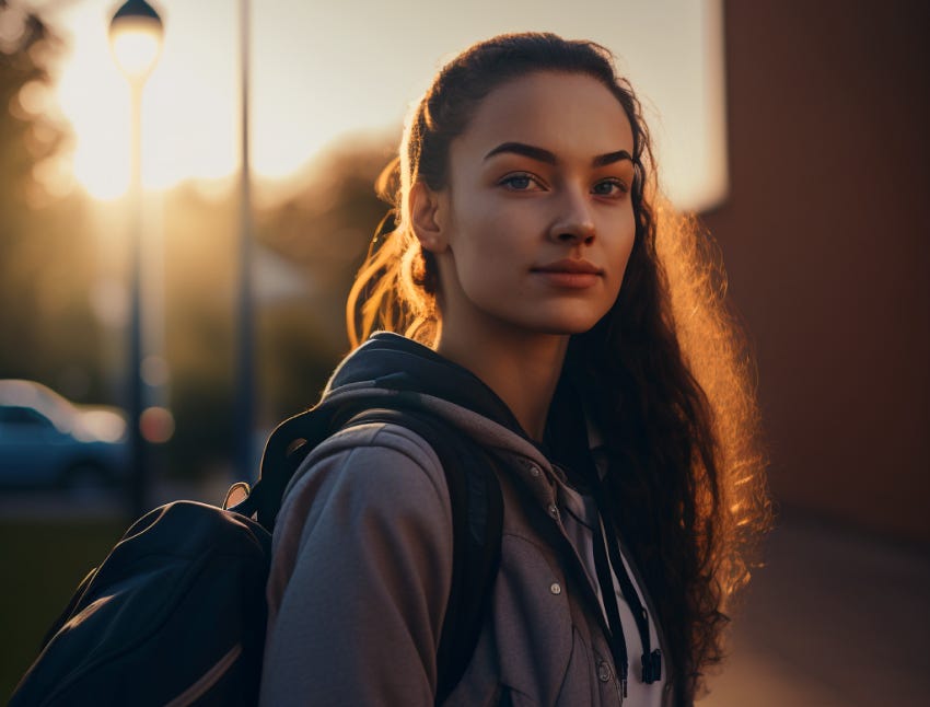 A young woman wearing a backpack looks toward the camera while the sun shines behind her