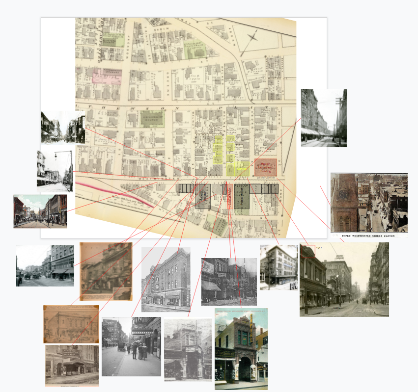 A map of Providence with many old photos connected to the Chinatown neighborhood with red lines